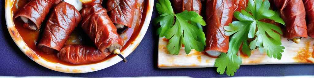Фаршированные свининой и колбасой виноградные листья с томатным соусом