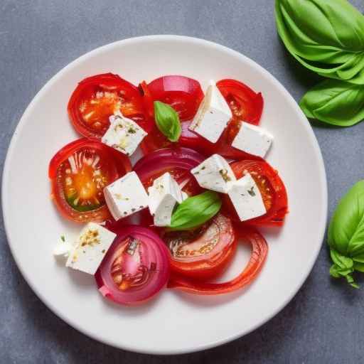 Жареные помидоры и красный лук с базиликом и сыром фета Рецепт