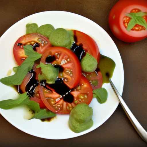 Салат из помидоров с бальзамической глазурью и зеленым соусом